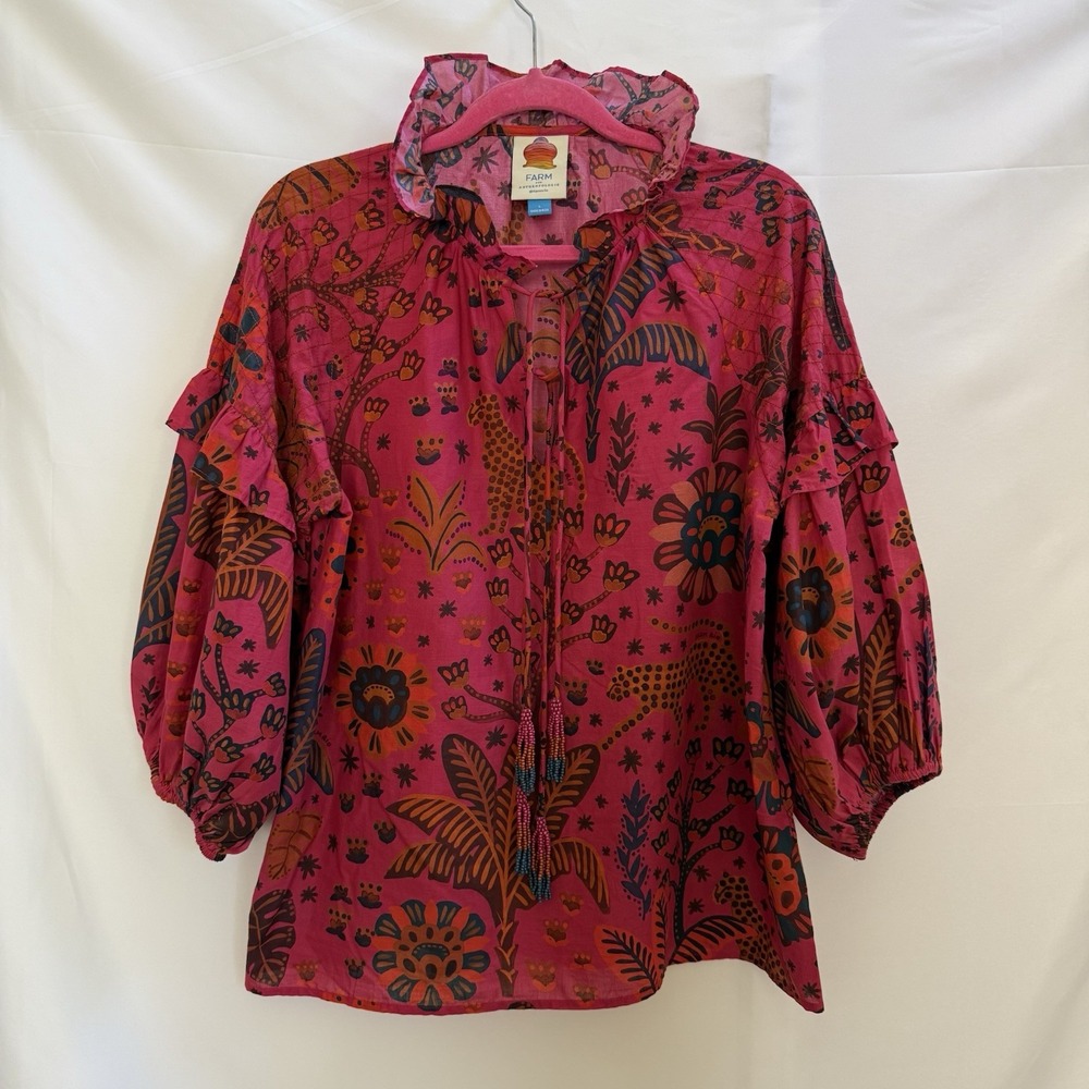 Farm Rio Pink Leopard Tropical Ruffle Blouse Animal Print Cotton Top Women L